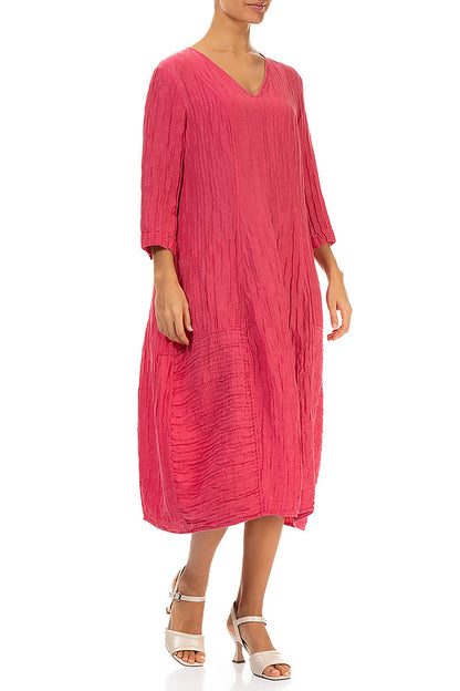 V-Neck Crinkled Raspberry Silk Linen Dress 3