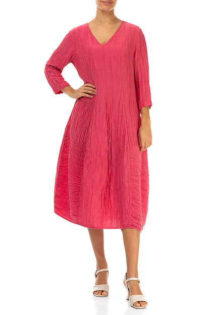 V-Neck Crinkled Raspberry Silk Linen Dress 4