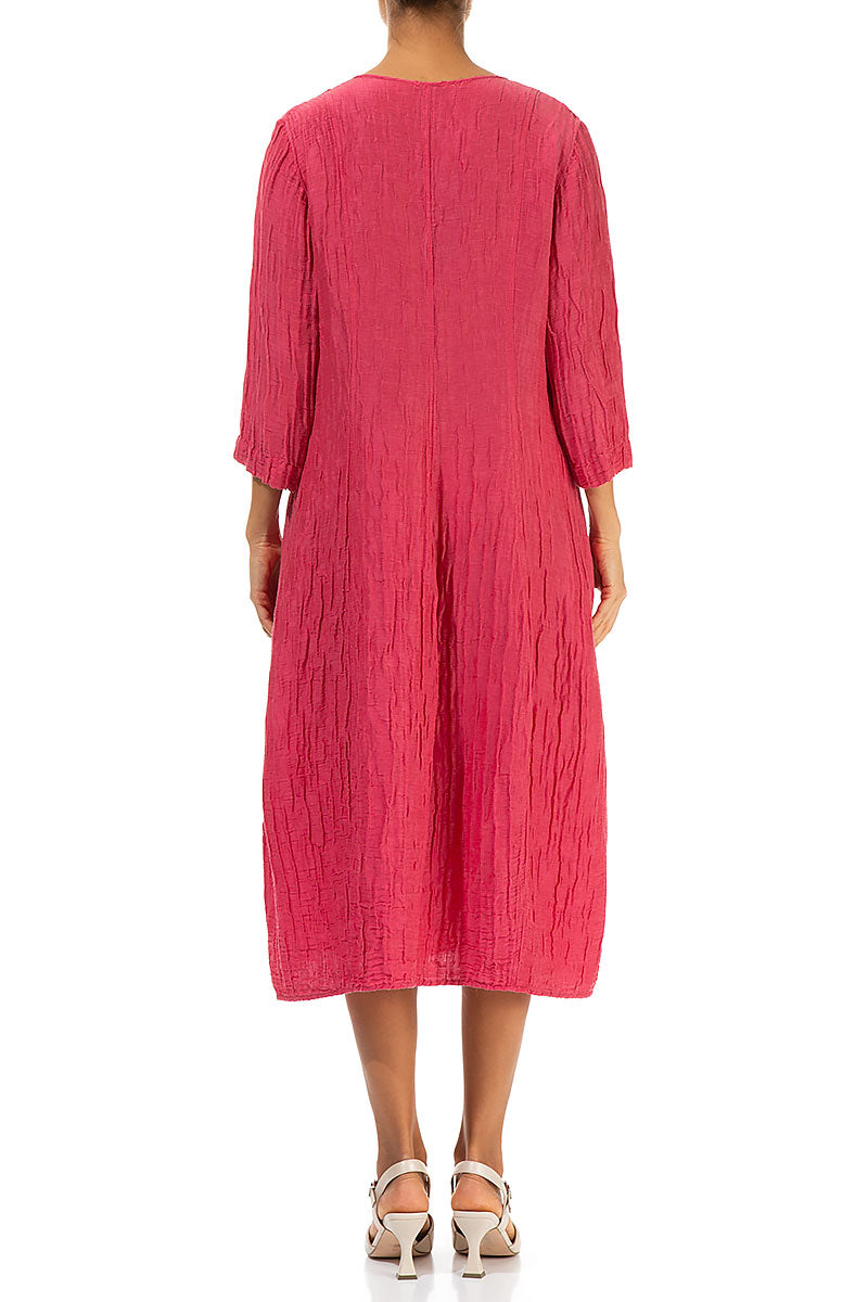 V-Neck Crinkled Raspberry Silk Linen Dress 2