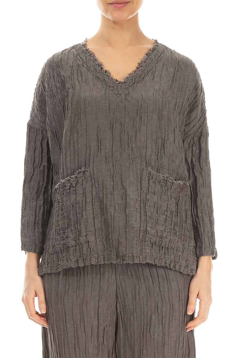 V-Neck Crinkled Truffle Silk Blouse 1