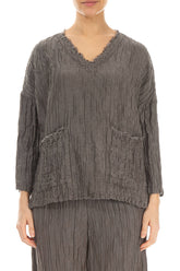 V-Neck Crinkled Truffle Silk Blouse 1