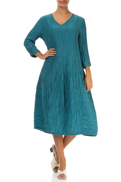 V-Neck Crinkled Turquoise Silk Linen Dress 4