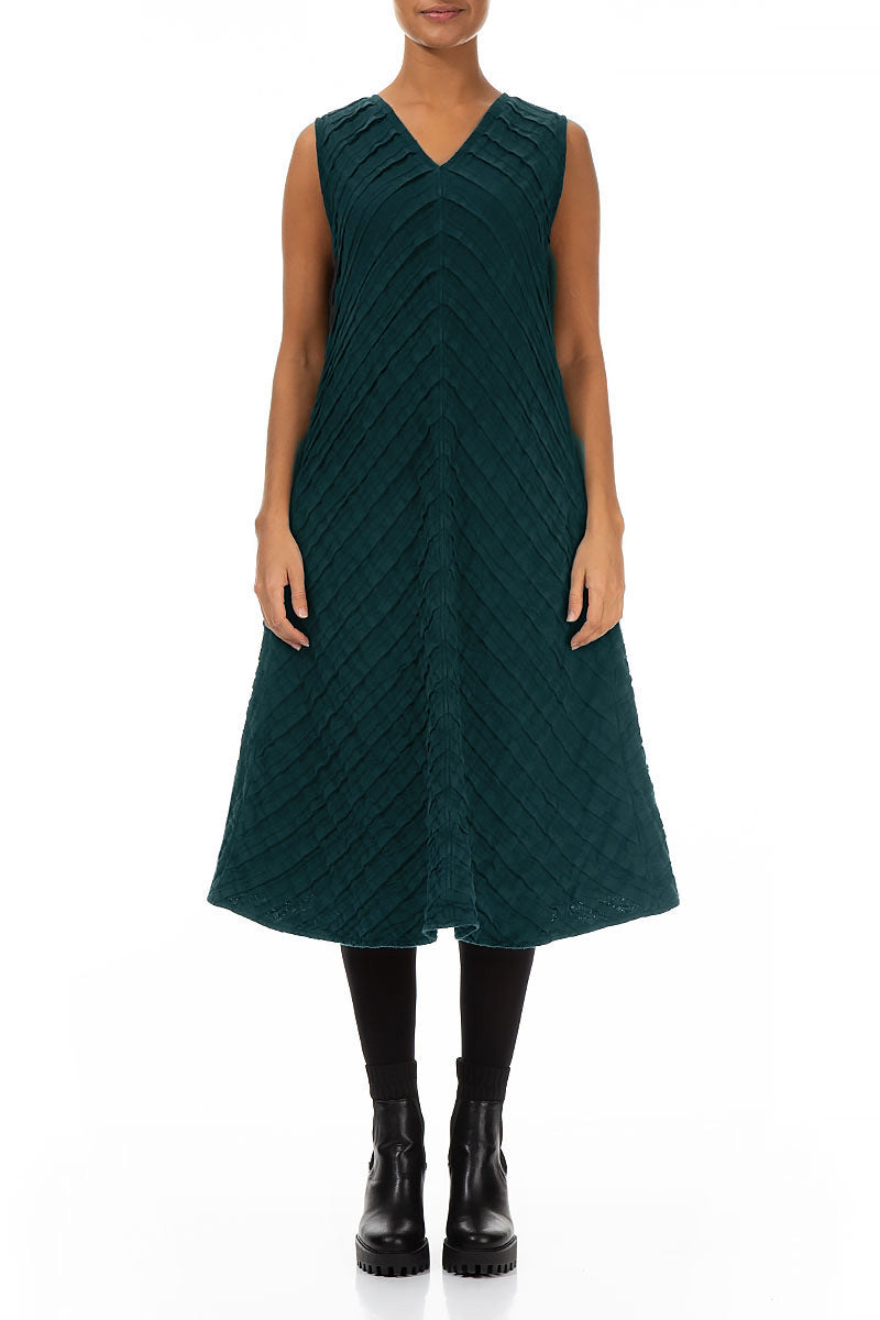 V-Neck Deep Turquoise Pleated Linen Dress