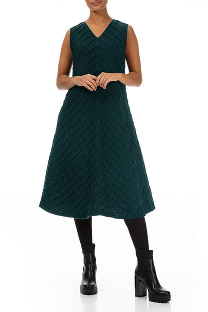 V-Neck Deep Turquoise Pleated Linen Dress