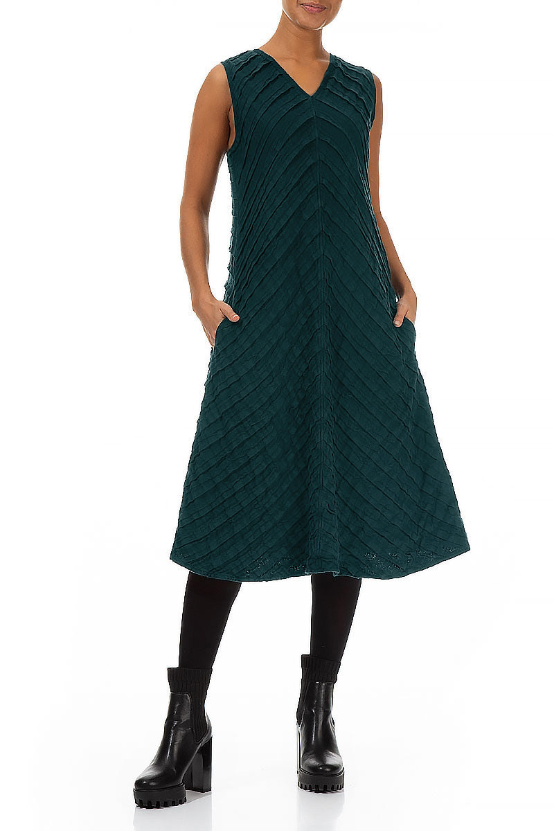 V-Neck Deep Turquoise Pleated Linen Dress