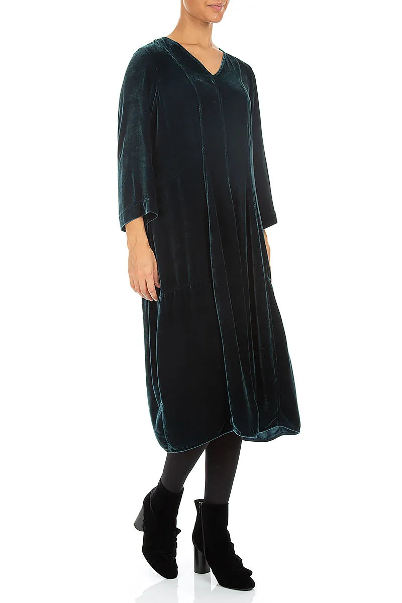 V-Neck Deep Turquoise Silk Velvet Dress 3