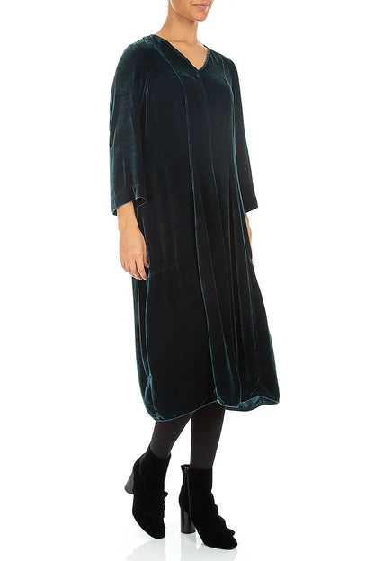 V-Neck Deep Turquoise Silk Velvet Dress