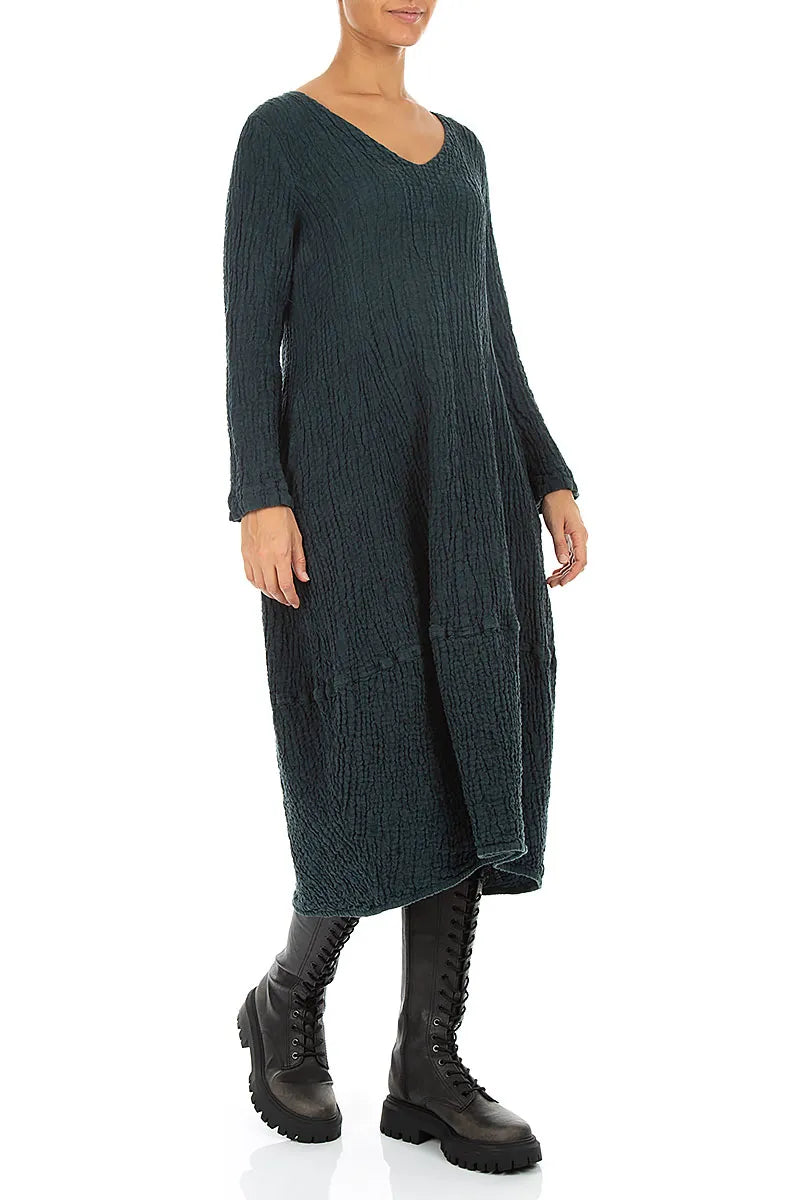 V-Neck Deep Turquoise Textured Linen Dress
