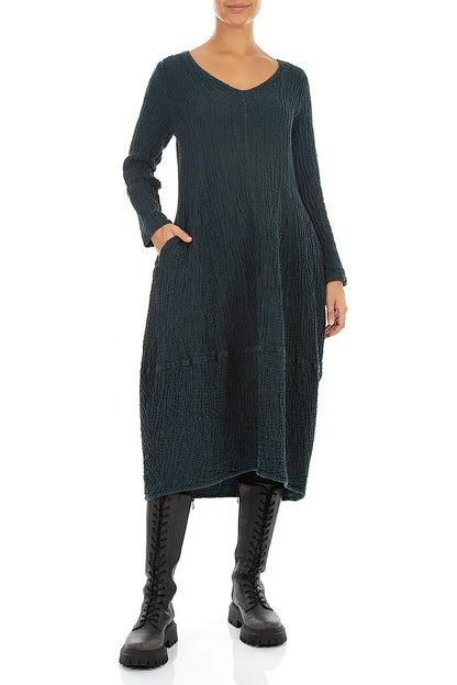 V-Neck Deep Turquoise Textured Linen Dress