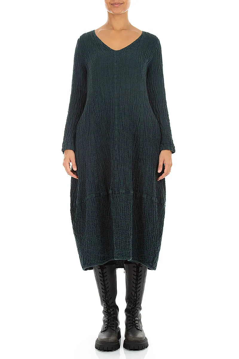 V-Neck Deep Turquoise Textured Linen Dress