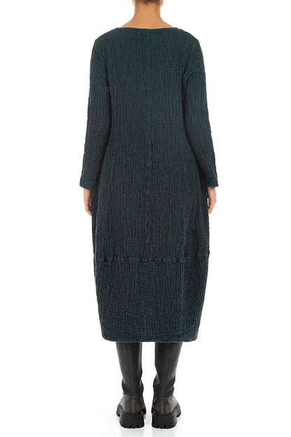 V-Neck Deep Turquoise Textured Linen Dress