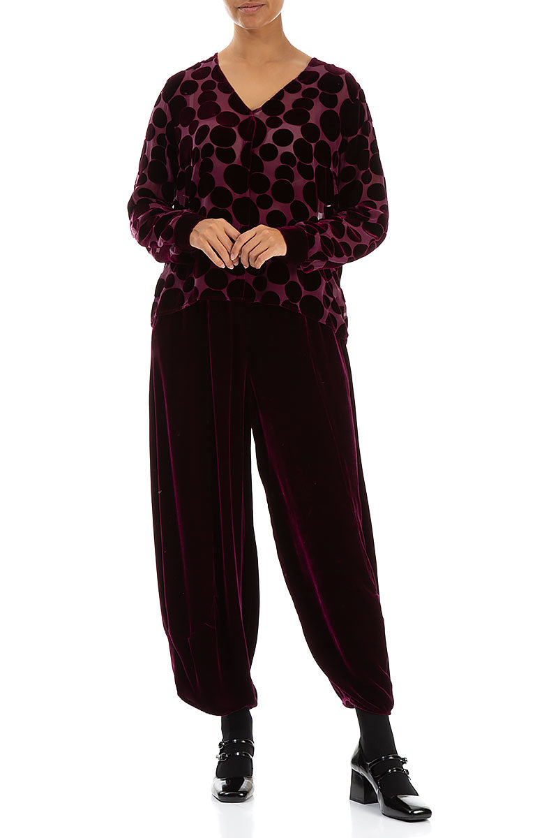 V-Neck Devoré Bubbles Magenta Silk Velvet Blouse 4