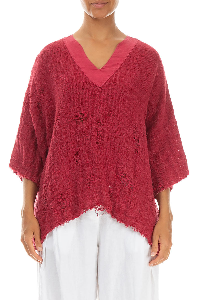 V-Neck Distressed Raspberry Handwoven Linen Blouse 1