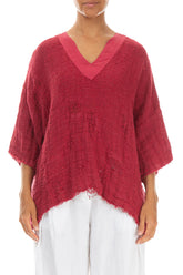 V-Neck Distressed Raspberry Handwoven Linen Blouse 1