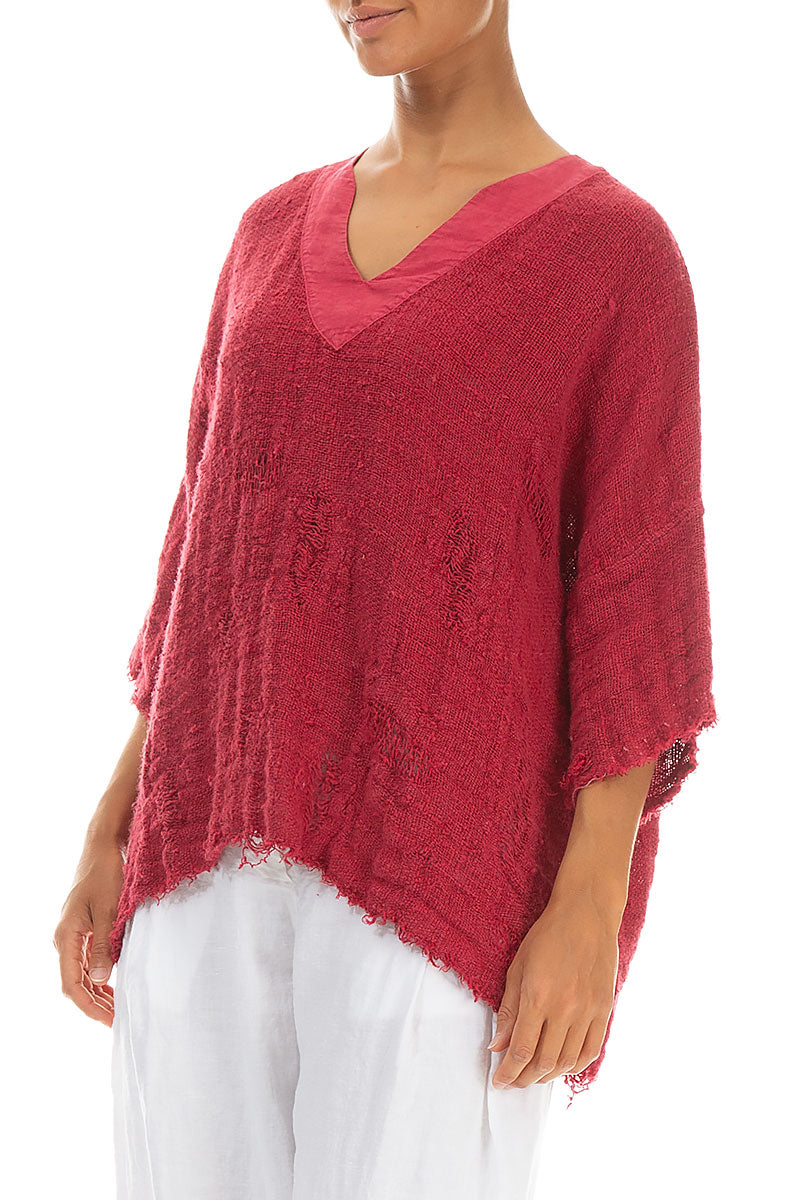 V-Neck Distressed Raspberry Handwoven Linen Blouse 3