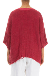 V-Neck Distressed Raspberry Handwoven Linen Blouse 2
