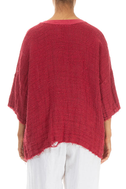 V-Neck Distressed Raspberry Handwoven Linen Blouse 2