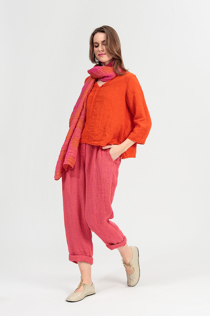 V-Neck Flame Orange Linen Blouse 1