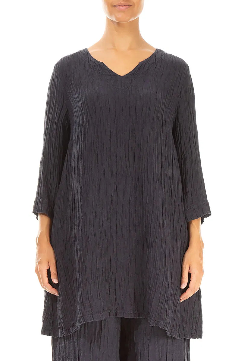 V-Neck Graphite Blue Crinkled Silk Tunic 1