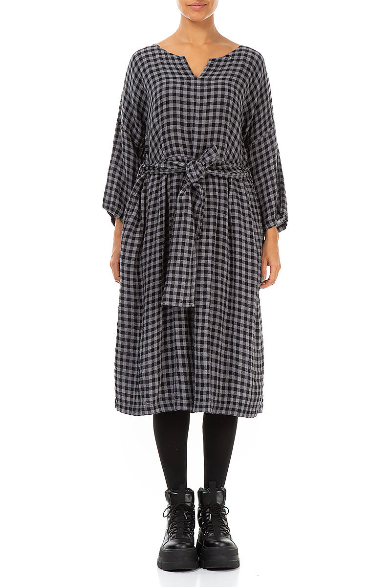 V-Neck Grey Check Linen Dress 1