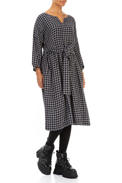 V-Neck Grey Check Linen Dress 4