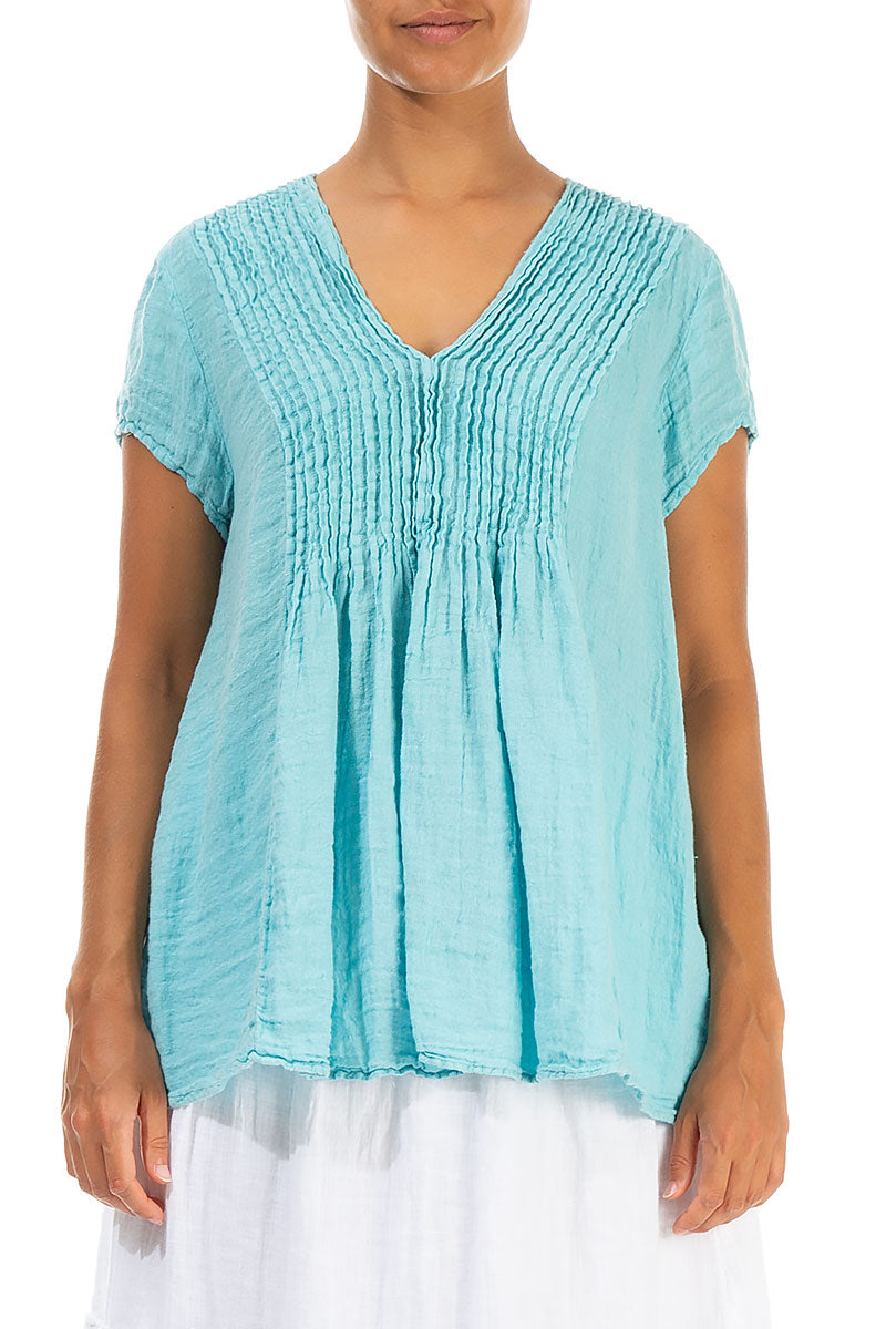 V-Neck Ice Blue Linen Blouse 1
