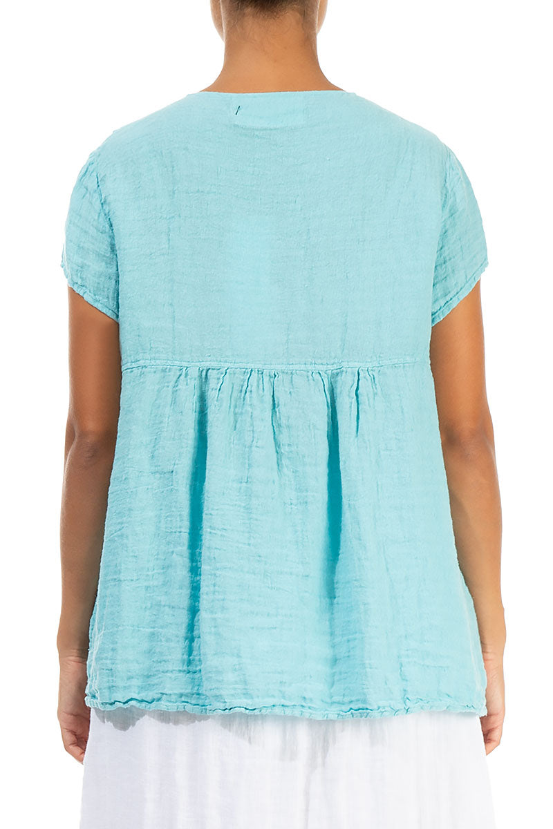 V-Neck Ice Blue Linen Blouse 2
