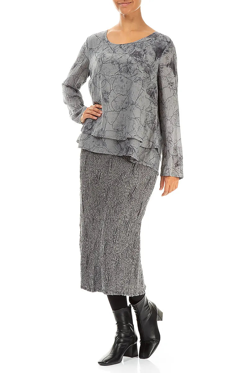 V-Neck Layered Silver Marble Silk Cotton Blouse