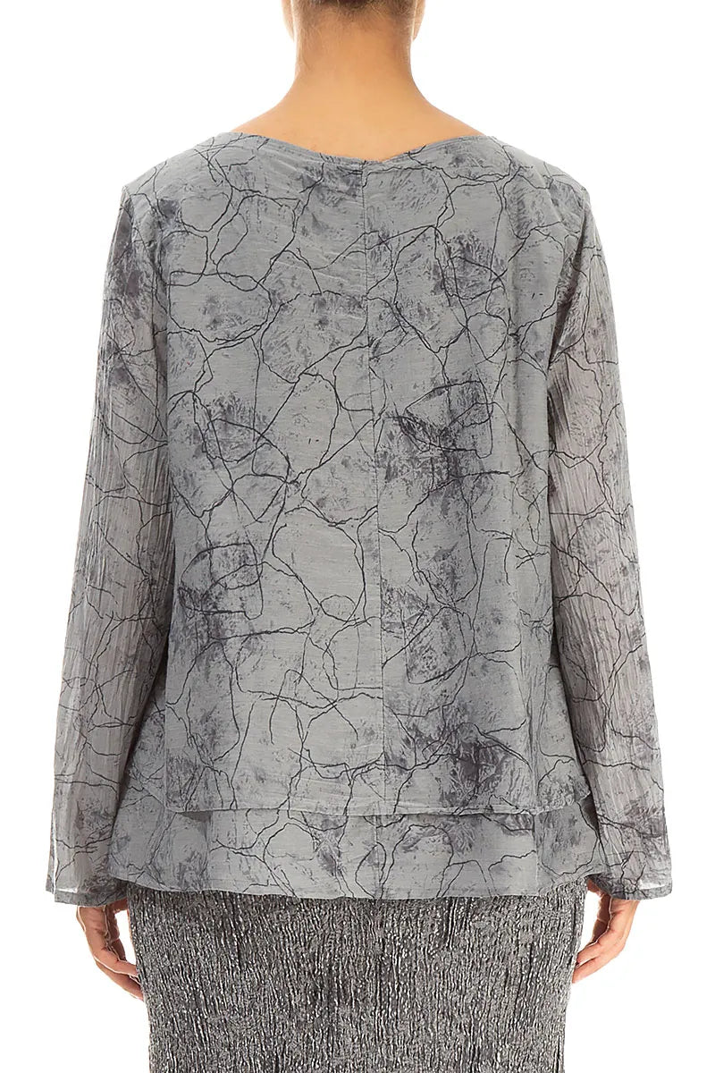 V-Neck Layered Silver Marble Silk Cotton Blouse