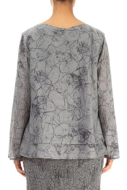 V-Neck Layered Silver Marble Silk Cotton Blouse