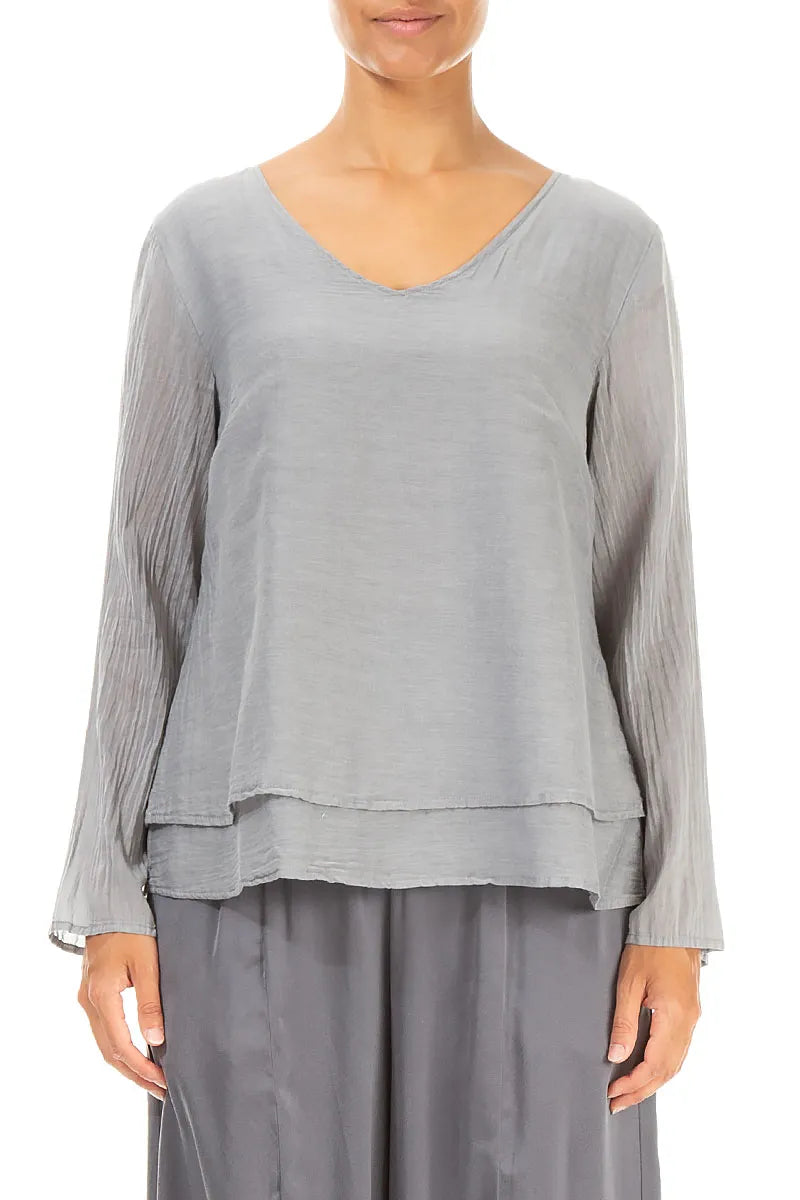 V-Neck Layered Silver Silk Cotton Blouse 1