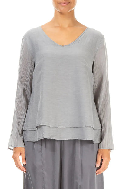 V-Neck Layered Silver Silk Cotton Blouse 1