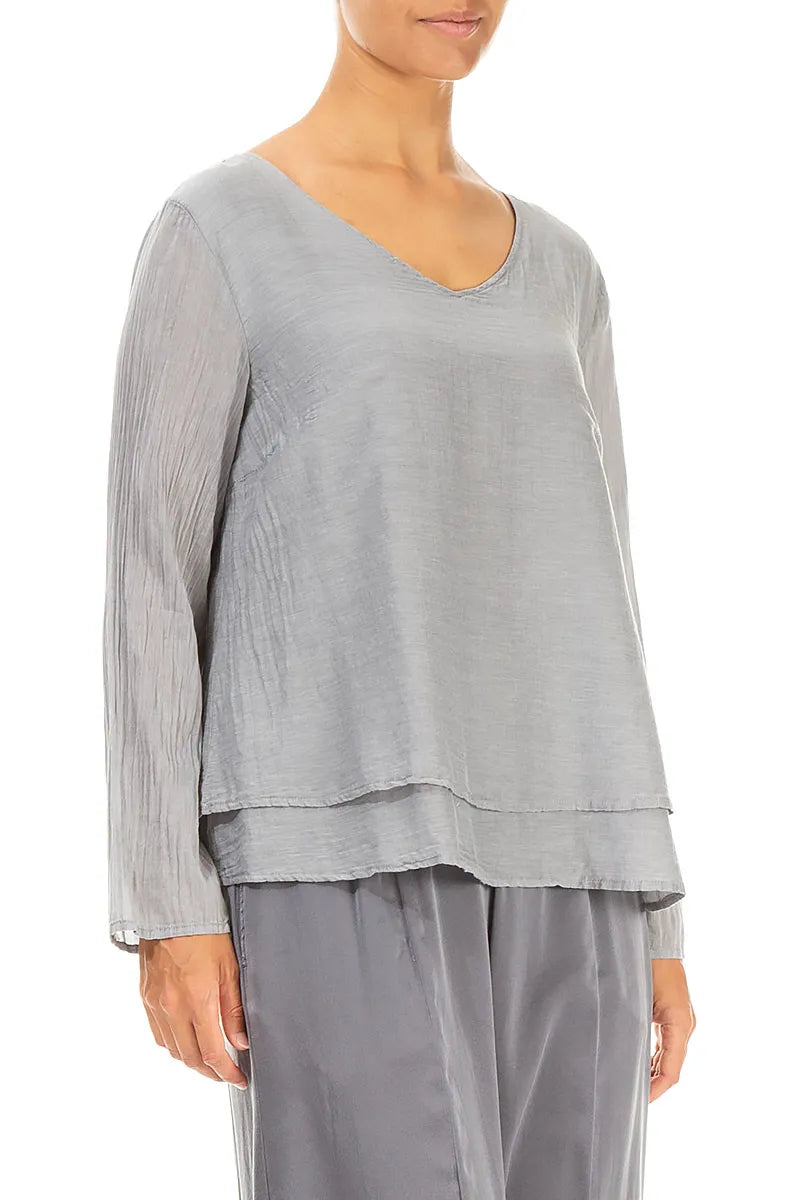 V-Neck Layered Silver Silk Cotton Blouse 3