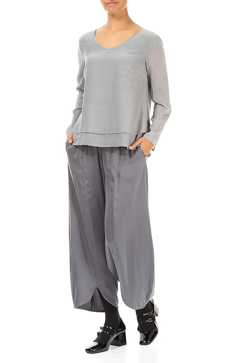 V-Neck Layered Silver Silk Cotton Blouse 4