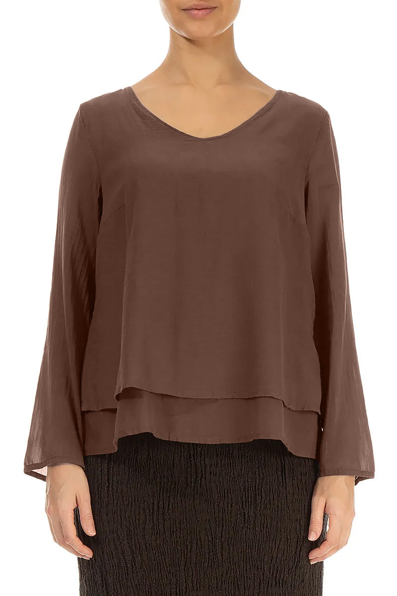 V-Neck Layered Truffle Brown Silk Cotton Blouse