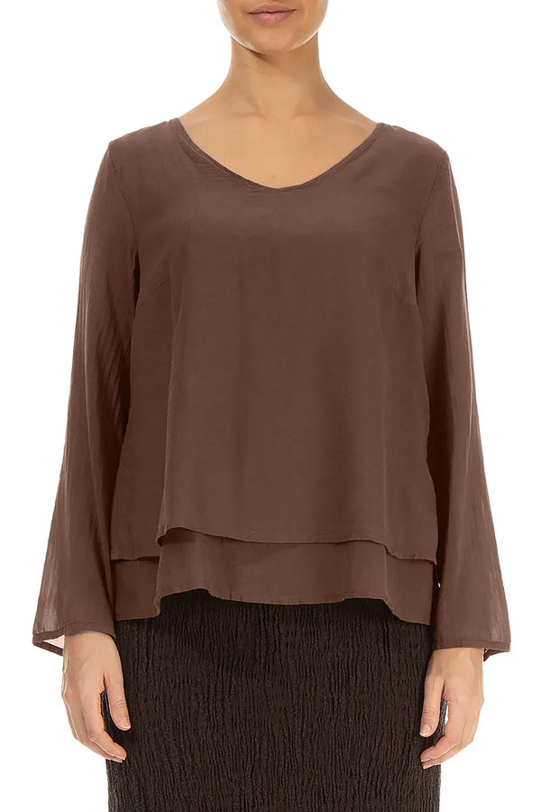 V-Neck Layered Truffle Brown Silk Cotton Blouse