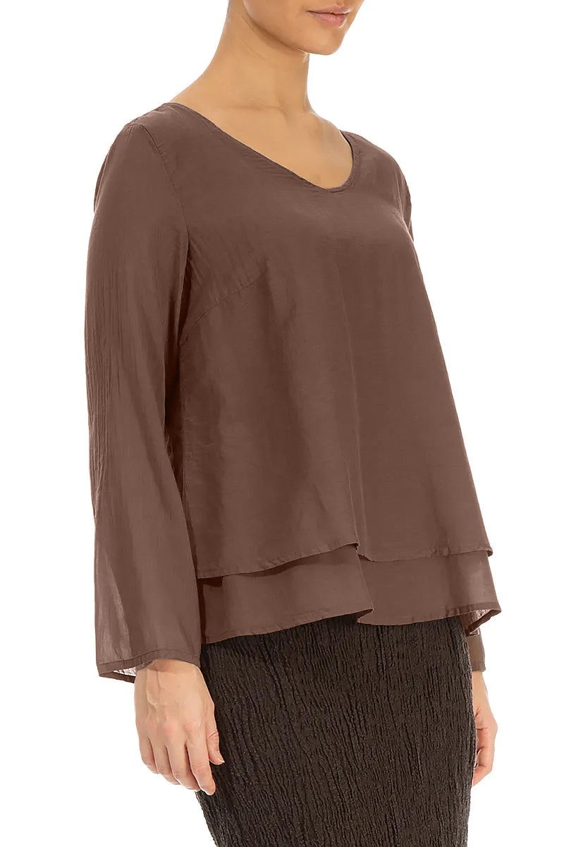 V-Neck Layered Truffle Brown Silk Cotton Blouse