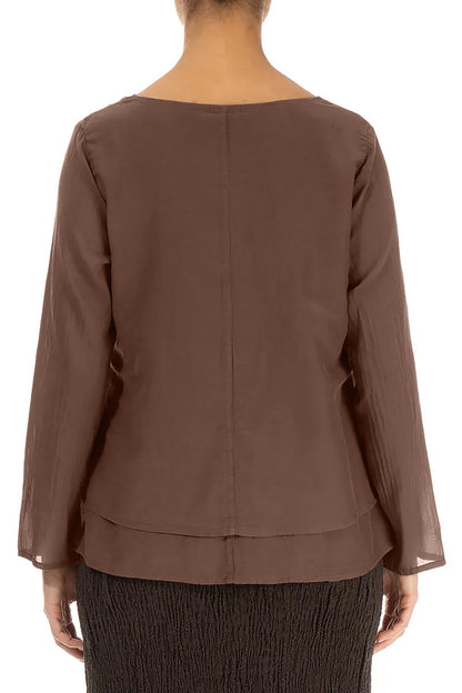 V-Neck Layered Truffle Brown Silk Cotton Blouse
