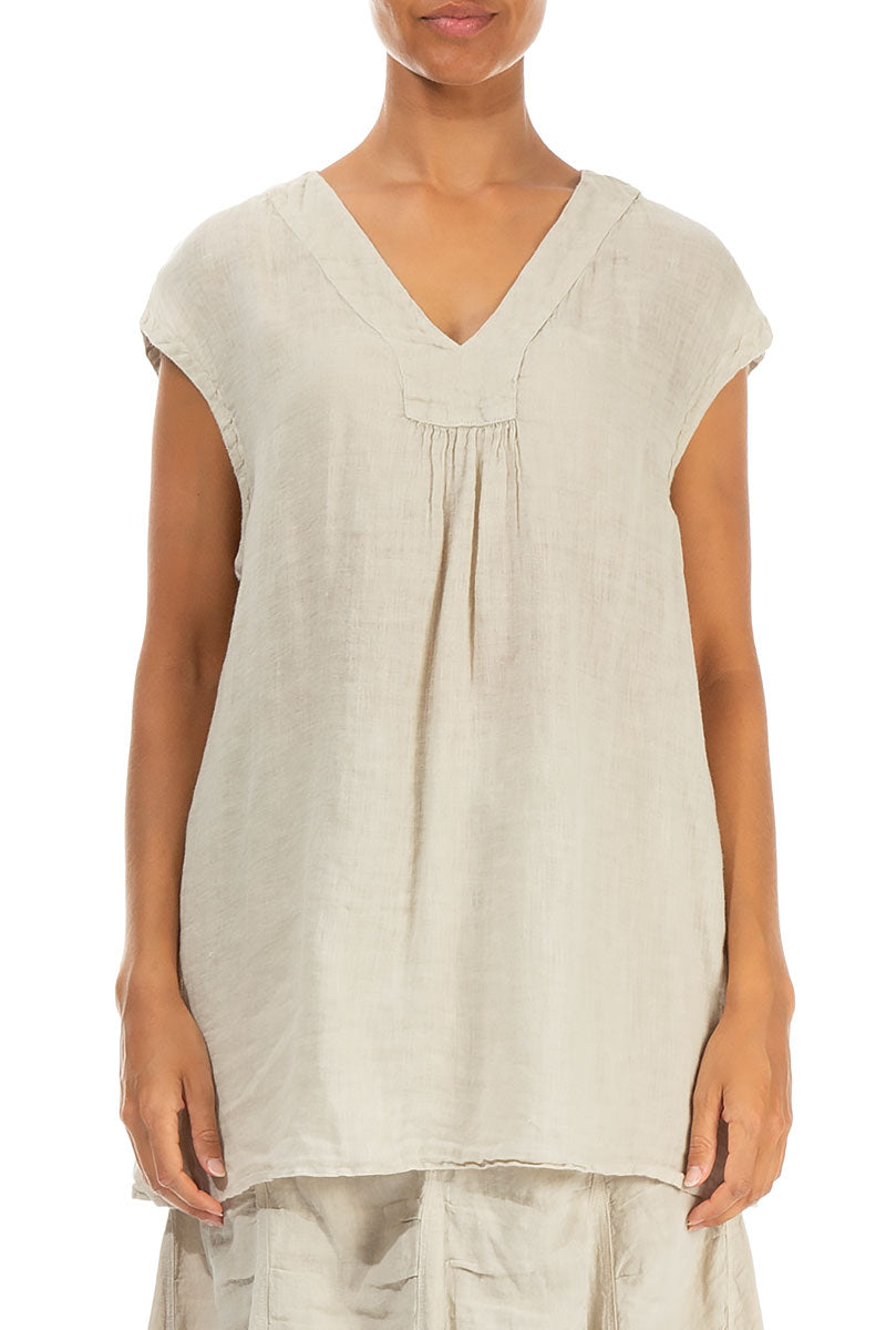 V-Neck Light Beige Gauze Linen Blouse 1
