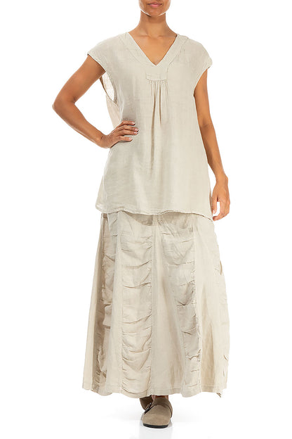 V-Neck Light Beige Gauze Linen Blouse 4