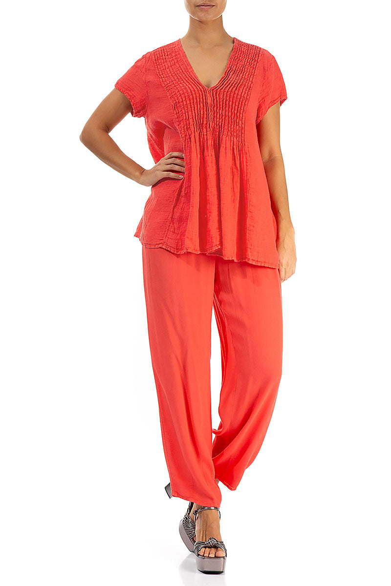 V-Neck Living Coral Linen Blouse 4