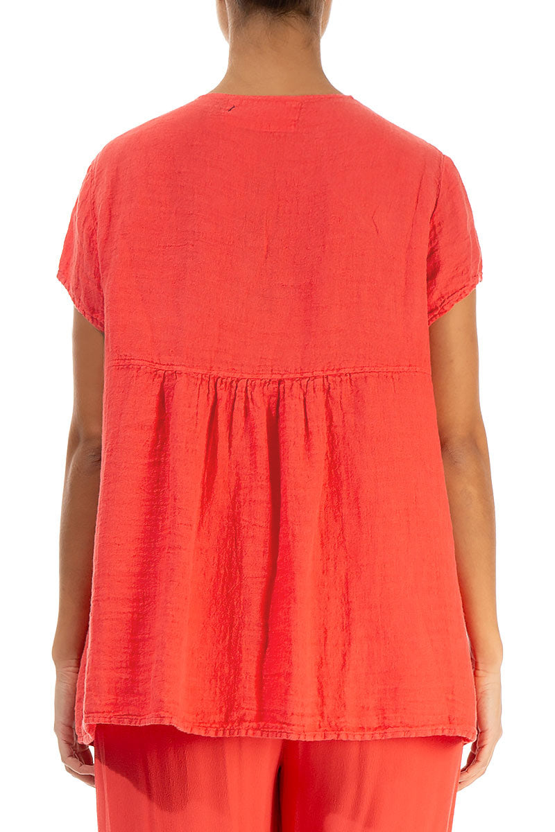 V-Neck Living Coral Linen Blouse 2