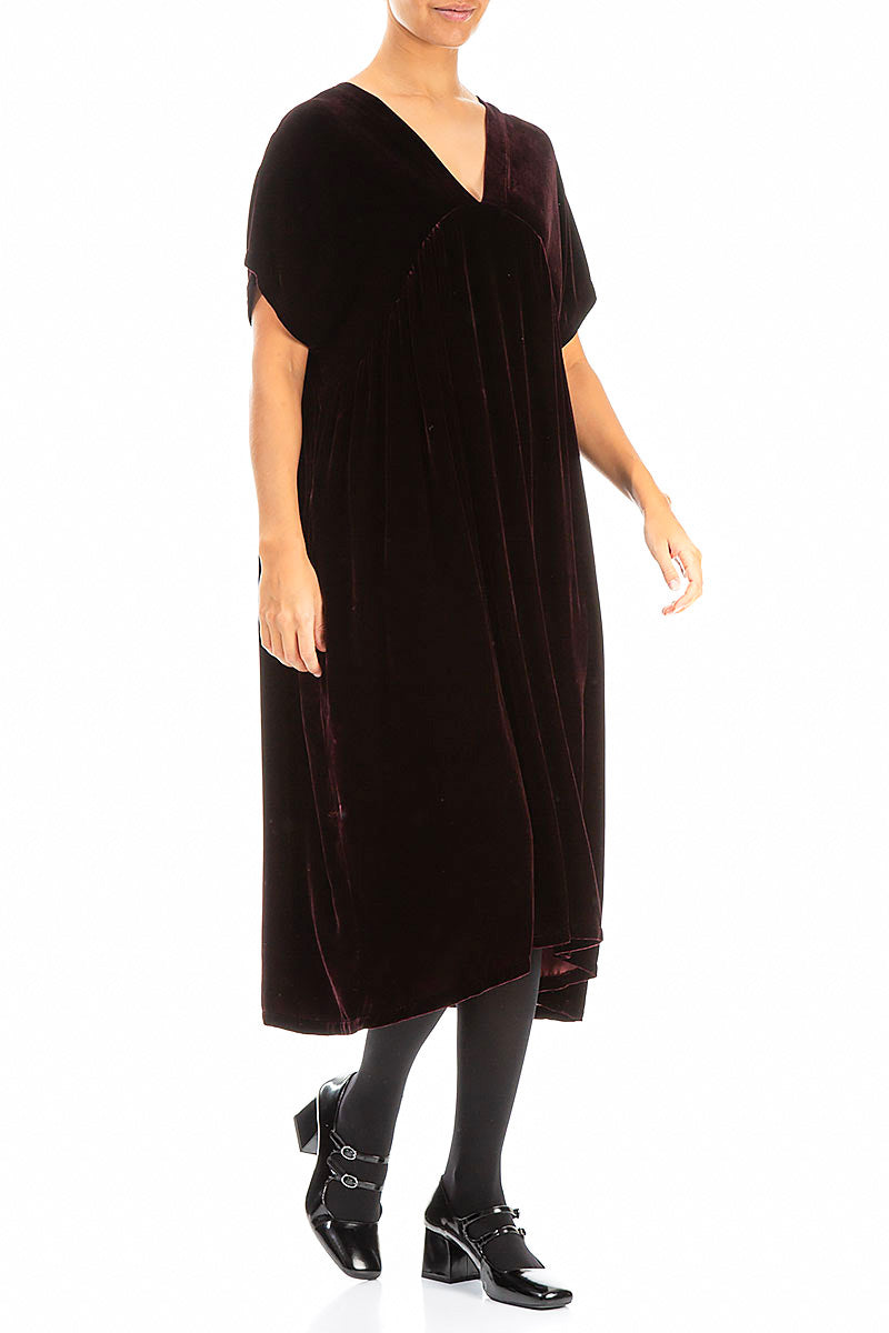 V-Neck Merlot Silk Velvet Dress 4