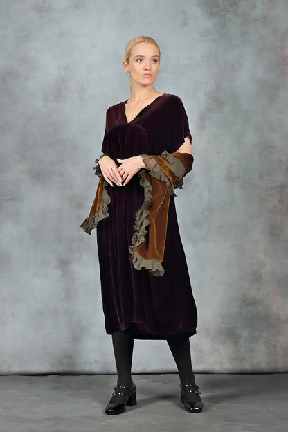 V-Neck Merlot Silk Velvet Dress 1