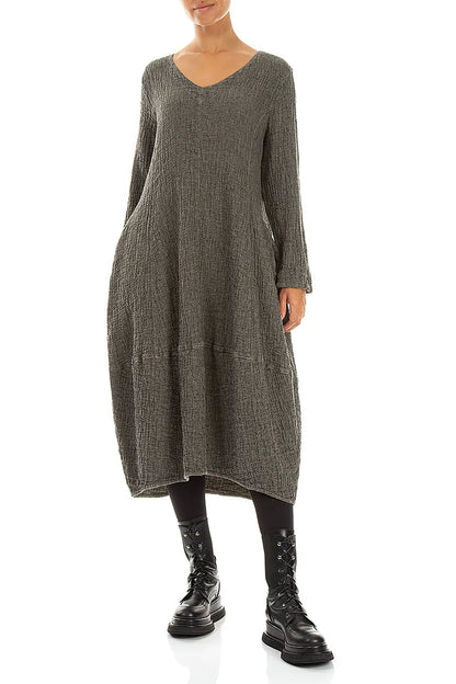 V-Neck Olive Grey Textured Linen Dress