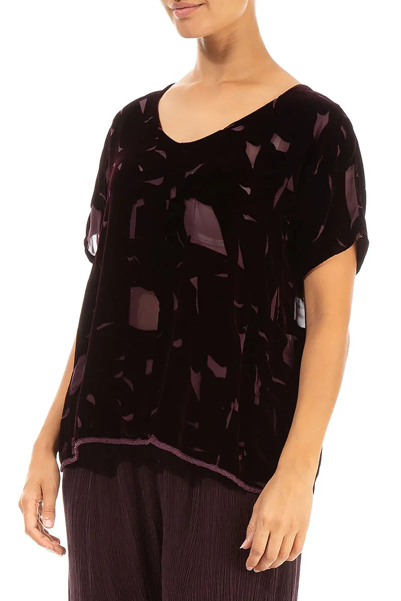 V-Neck Patterned Burgundy Silk Velvet Blouse