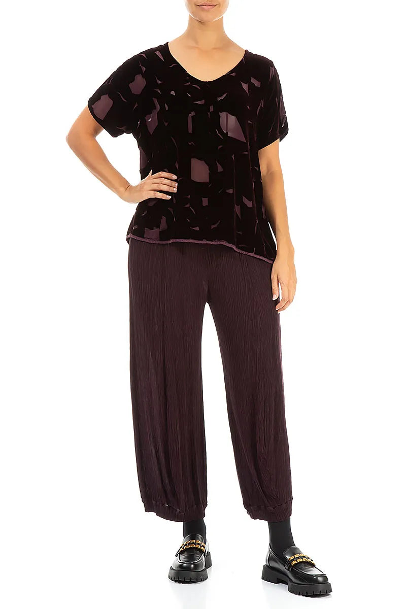 V-Neck Patterned Burgundy Silk Velvet Blouse