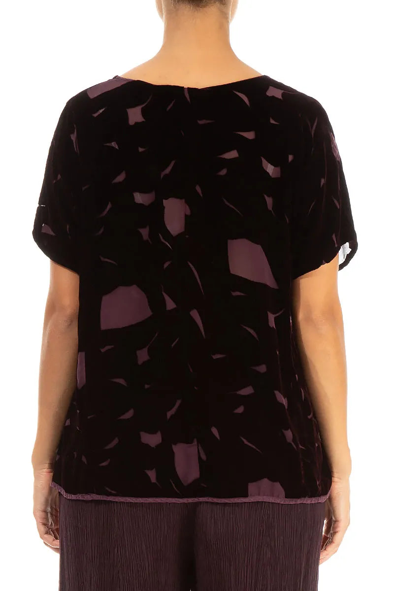 V-Neck Patterned Burgundy Silk Velvet Blouse