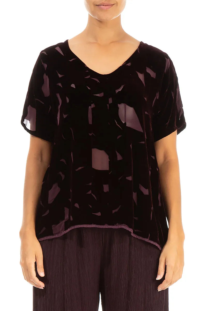 V-Neck Patterned Burgundy Silk Velvet Blouse
