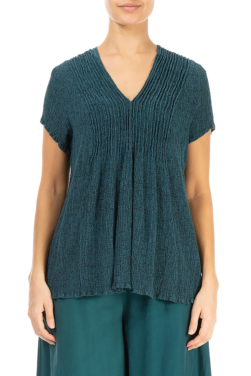 V-Neck Printed Emerald Silk Viscose Blouse 1